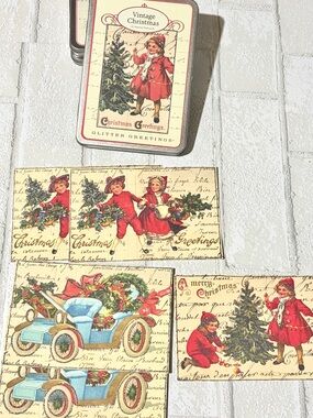 Cavallini 5 Cards & Vintage Theme Christmas Glitter Tin & Holiday Post Card Set